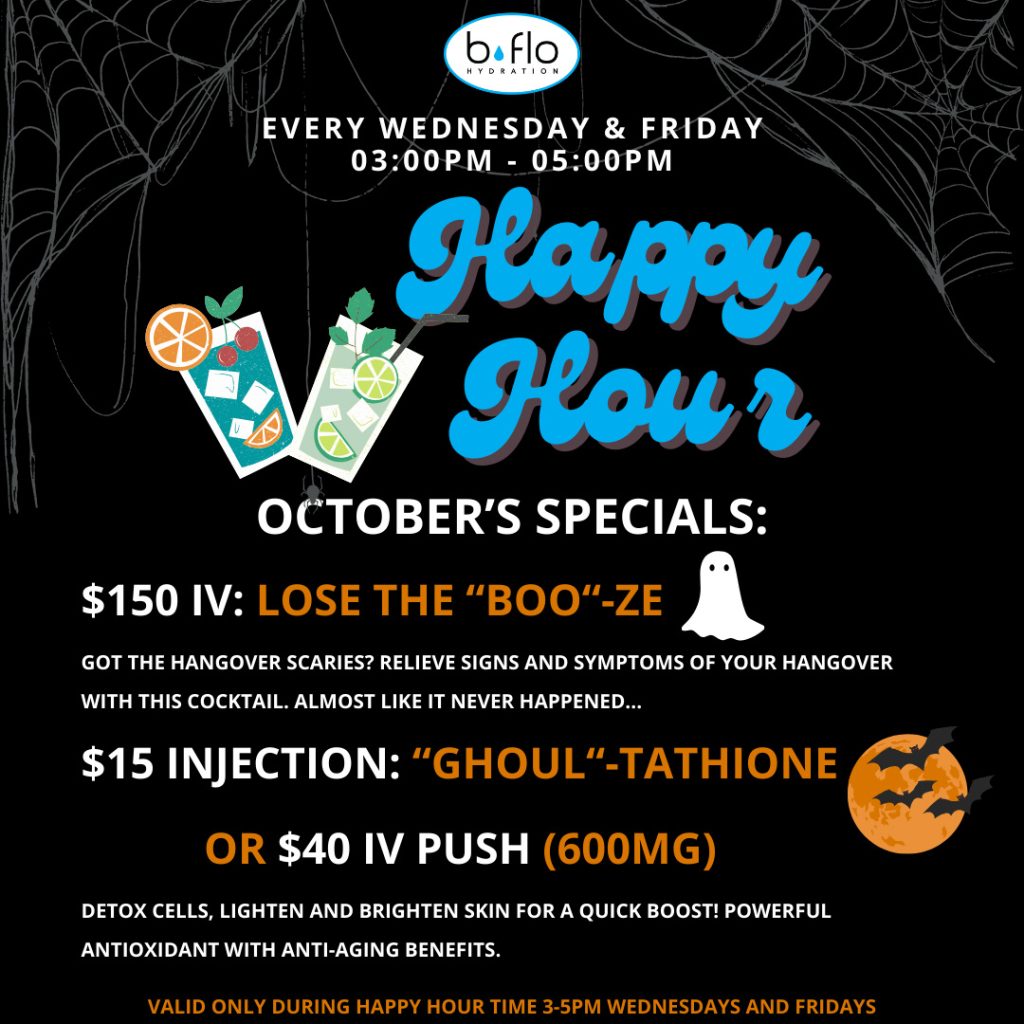 BFLO Hydration is offering IV specials including our hangover iv therapy, glutathione iv injection, and iv push injection.