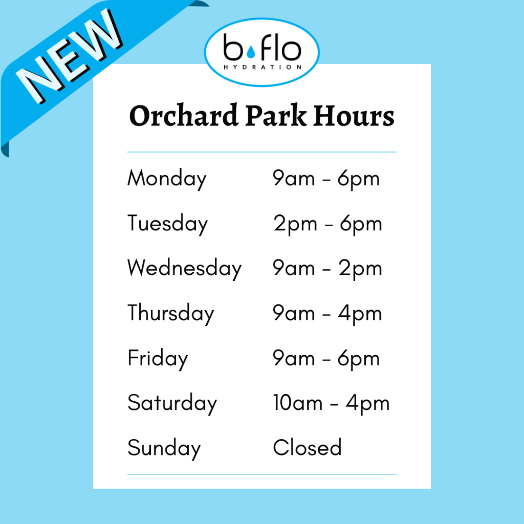 BFLO Hydration new Orchard Park spring hours effective April 1, 2024.