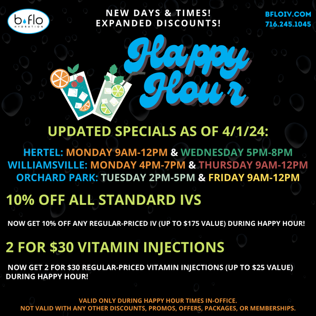 BFLO Hydration's April Happy Hour IV specials.