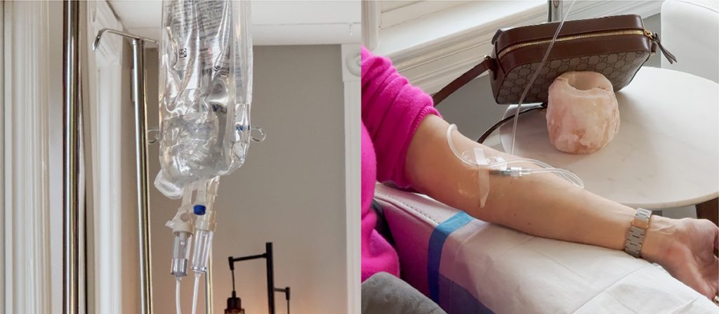 Close up of an IV bag next to a close up a woman getting IV therapy in her arm.