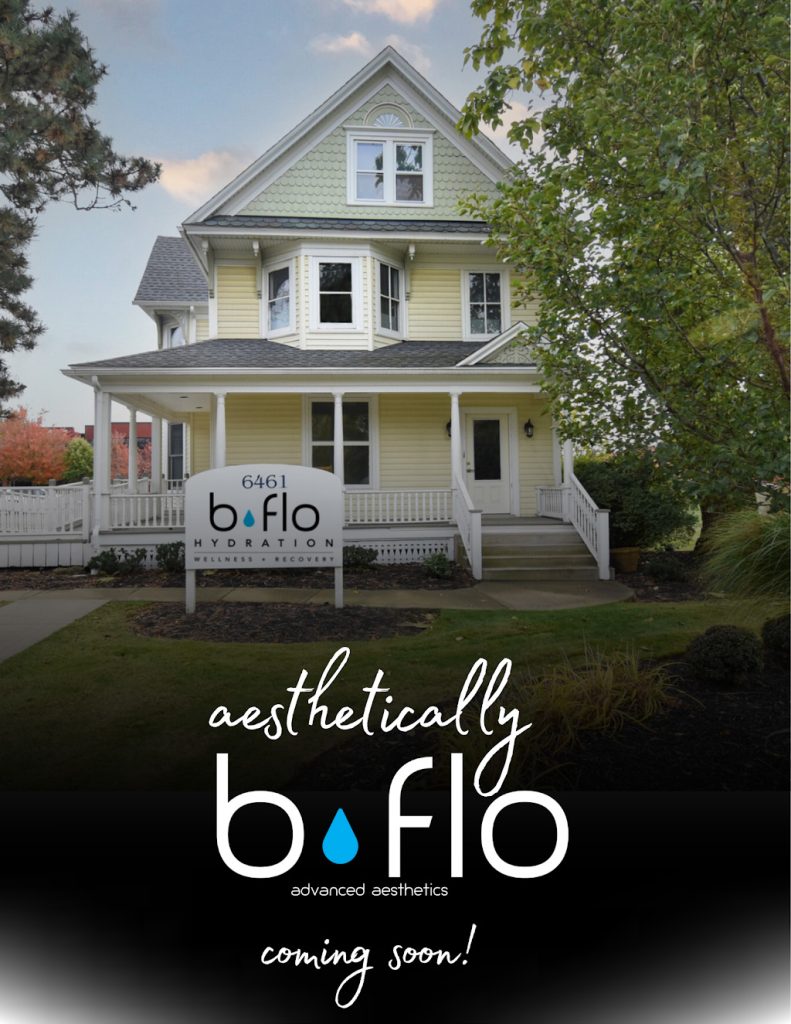 A photo of the outside of BFLO Hydration announcing a new service coming soon: Advanced Aesthetics